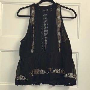 Black and Tan Embroidered Peplum Blouse